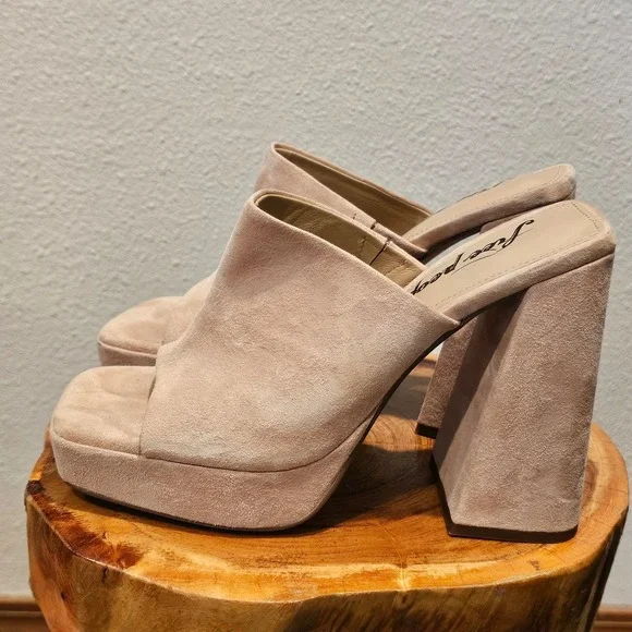 Free People Suede Platform Block Heel Mules Tan Square Toe 38 0004123152 - Picture 8 of 9